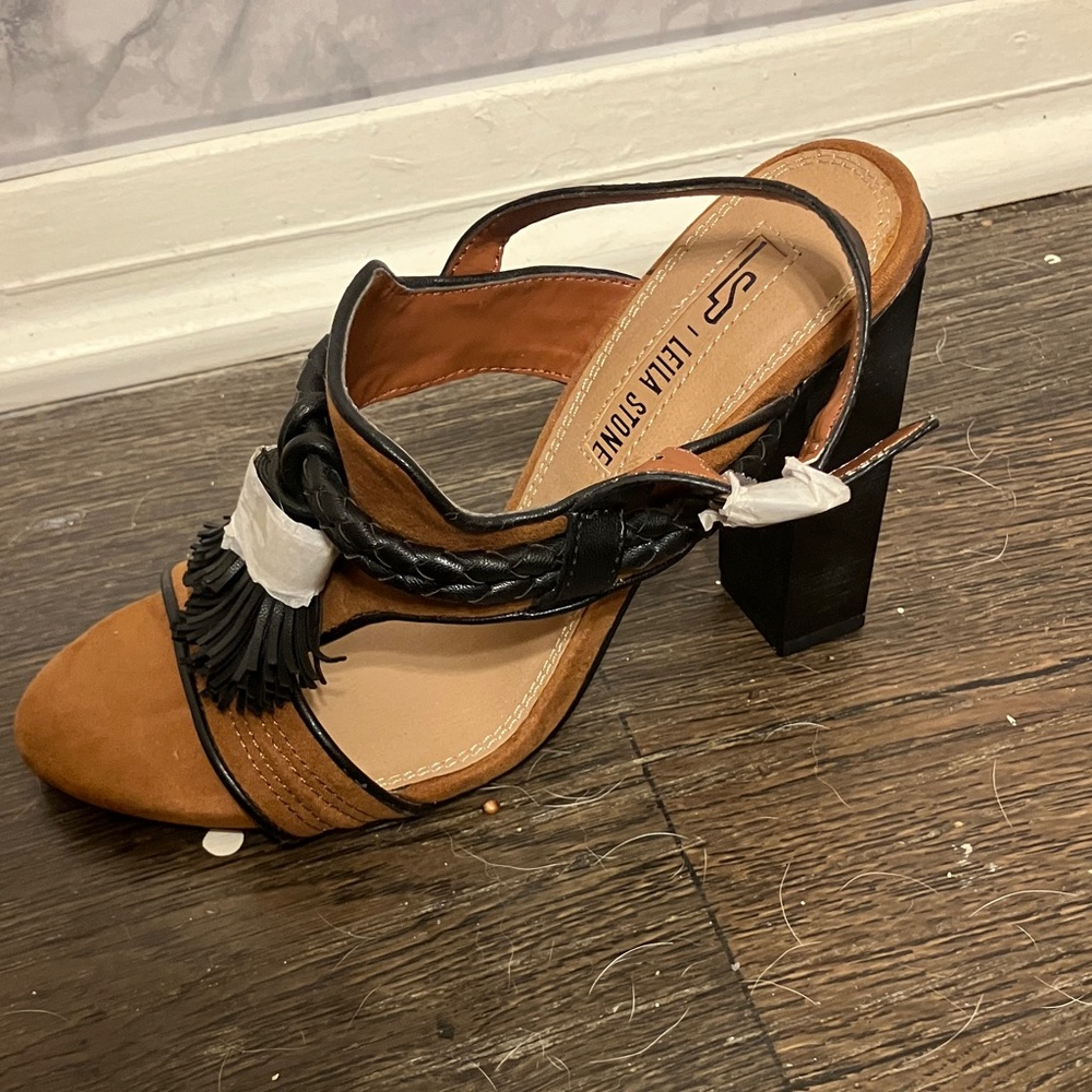 Leila Stone Black and Tan Braided Heels